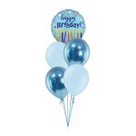 Plavi buket od balona sa svetloplavim happy birthday balonom i chrome gumenim balonima