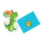 Pozivnice Dino-mite 3D T-Rex 8 kom – 3D pozivnica u obliku zelenog dinosaurusa sa Dino Party balonom i plava koverta sa ROAR! naljepnicom