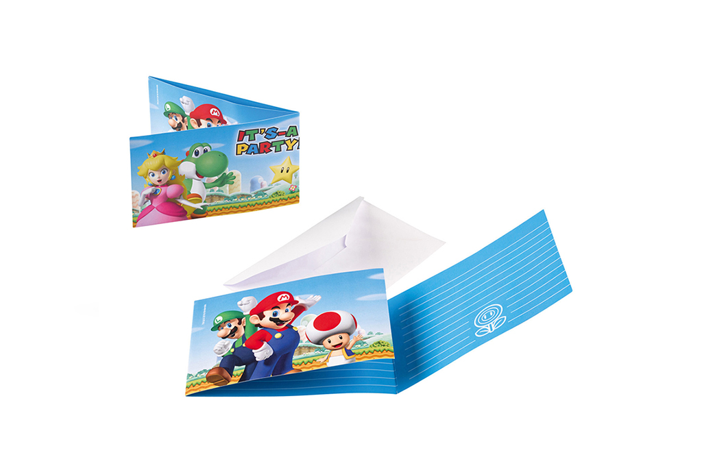 Pozivnice Super Mario 8 kom – pozivnica sa Mariom, Luigi-jem, Peach princezom, Toadom i Yoshi-jem sa IT'S-A PARTY natpisom