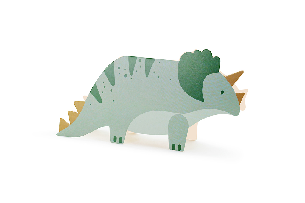 Pozivnice Triceratops 3D 6 kom – 3D pozivnica u obliku sage zelenog triceratopsa sa zlatnim rogovima i repom