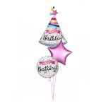 Rođendanski buket od balona sa velikom šarenom kapicom Happy Birthday okruglim balonom sa konfetama i roze satin zvezdom