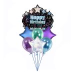Rođendanski buket sa velikim crnim Happy Birthday balonom šarenim zvezdama holografskom zvezdom i ljubičastim plavim chrome gumenim balonima