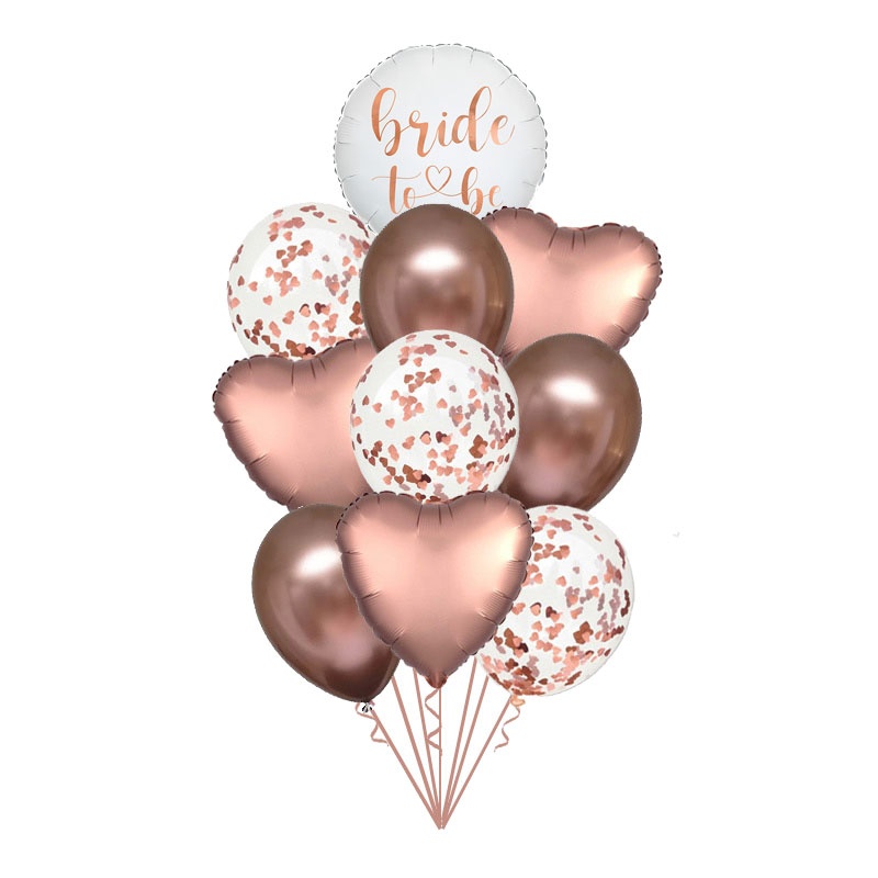 Rose gold buket balona bride to be sa konfetama i helijumom – beli Bride to be balon, rose gold srca i providni baloni sa konfetama