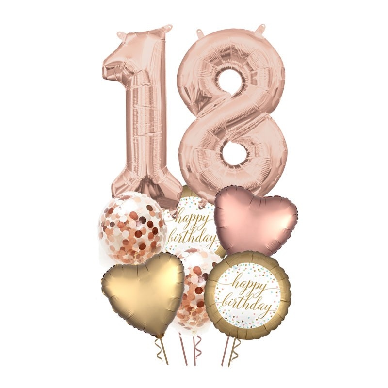 Rose gold buket balona za 18. rođendan sa helijumom – rose gold brojevi 1 i 8, Happy Birthday baloni, srca i konfete