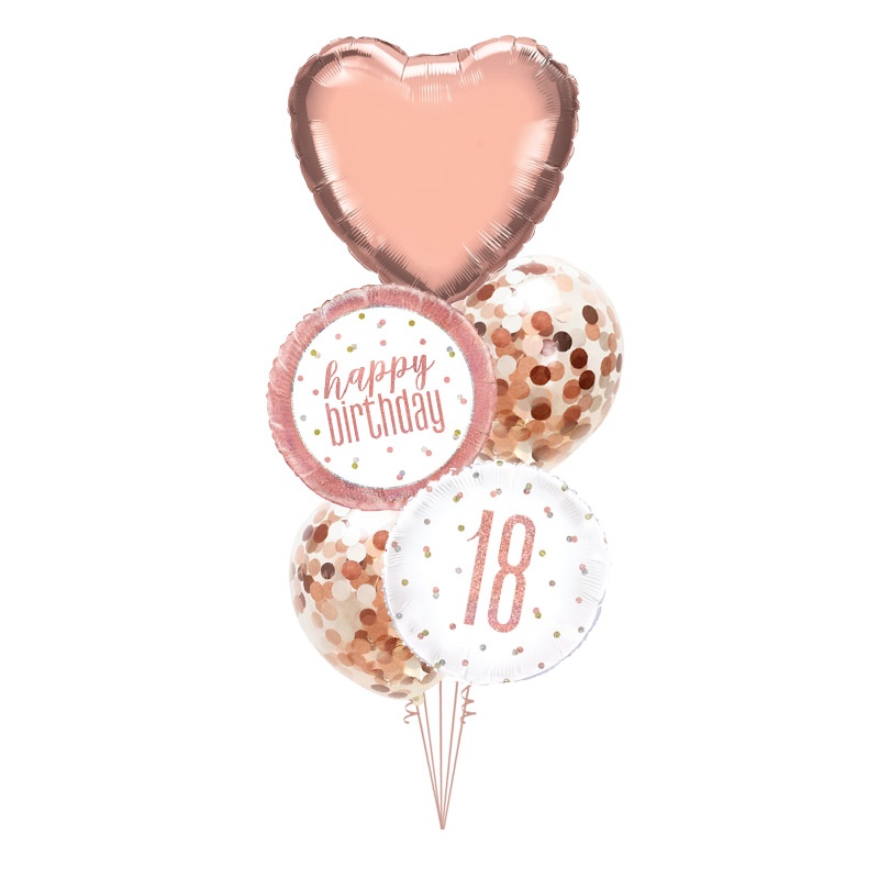 Rose gold buket balona za 18. rođendan sa srcem i helijumom – rose gold srce, Happy Birthday i 18 okrugli baloni sa konfetama