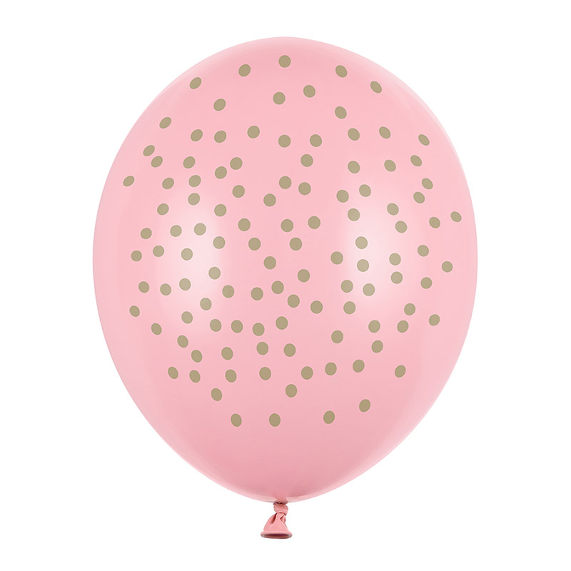 Roze latex balon sa zlatnim tačkicama – konfeti print, 28cm, napunjen helijumom