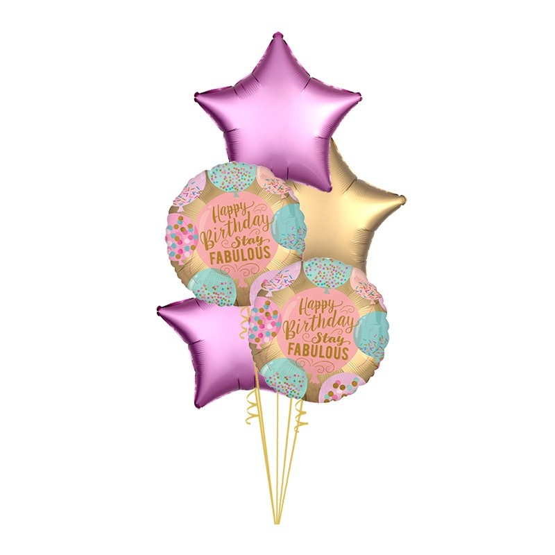 Roze rođendanski buket balona stay fabulous sa helijumom – okrugli Happy Birthday Stay Fabulous baloni sa satin roze i zlatnim zvezdama