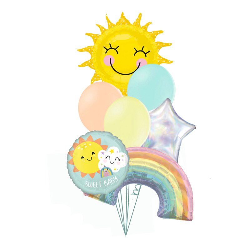 Šareni buket za rođenje bebe sa suncem, pastelnom dugom, Welcome Baby balonom i holografskom zvezdom