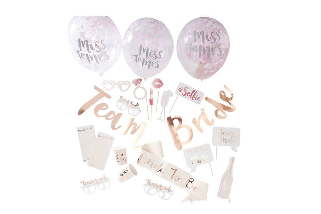 Set za devojačko veče kompletan 48 kom – Miss To Mrs konfeti baloni, Team Bride baner, Bride To Be lenta, photo props, Bride To Be igra