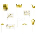 Set za fotografisanje Best Wedding zlatni 10 kom – 10 zlatnih props: cilinder, kruna, lula, Love forever oblačić, Best Wedding oblačić, usne, Congrats oblačić, brkovi, mačja naočare, zupčasta kruna