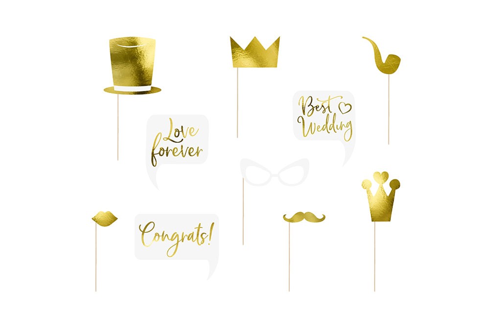Set za fotografisanje Best Wedding zlatni 10 kom – 10 zlatnih props: cilinder, kruna, lula, Love forever oblačić, Best Wedding oblačić, usne, Congrats oblačić, brkovi, mačja naočare, zupčasta kruna