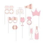Set za fotografisanje devojačko rose gold 10 kom – 10 foto rekvizita na štapićima (prsten, usne, Team Bride naočare, šampanjac, kruna)