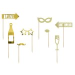 Set za fotografisanje zlatni 8 kom – 8 zlatnih rekvizita na štapićima: Drunk/Not Drunk strele, šampanjac, brkovi, naočare, maska, usne, čaša