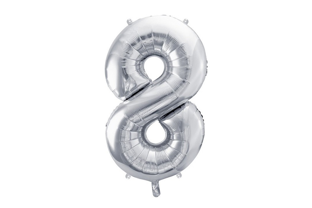 Srebrni balon broj 8 sa helijumom 102cm – sjajni folija balon za osmi rođendan