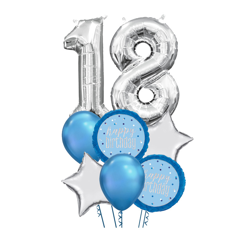 Srebrni brojevi 18 buket balona sa plavim Happy Birthday balonima