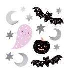 Stikeri Halloween pastel srebrni set – stikeri sa srebrnim mesecom, zvezdama, crnim slepim miševima, roze duhom i crnom bundevom