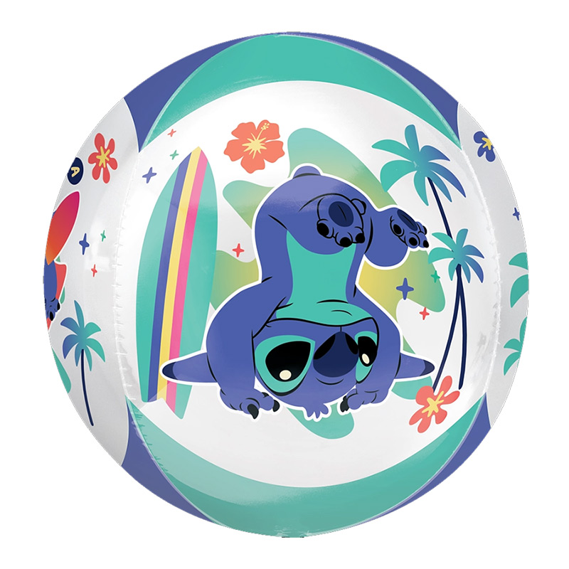 Stitch Orbz balon 40cm - sferni 3D tropski dizajn sa Stičom na plaži i palmama