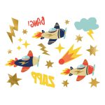 Tetovaže avioni 11 kom – tetovaže sa 3 cartoon aviona u teget-crvenoj boji, zlatnim munjama, zvezdama, oblakom, plamenim meteorom, BANG i ZAPP tekstom