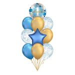 Veliki buket balona za prvi rođendan sa konfetama i helijumom – okrugli 1 rođendan balon, plava zvezda, chrome zlatni i konfete baloni