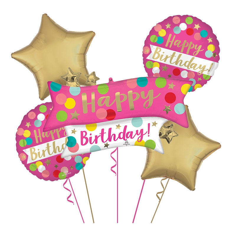 Veliki buket od balona happy birthday sa roze banerom i zlatnim satin zvezdama
