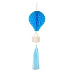 Viseća dekoracija Hot air balloon plavi 70cm – tirkizni honeycomb balon sa korpom i plavim tassel resama
