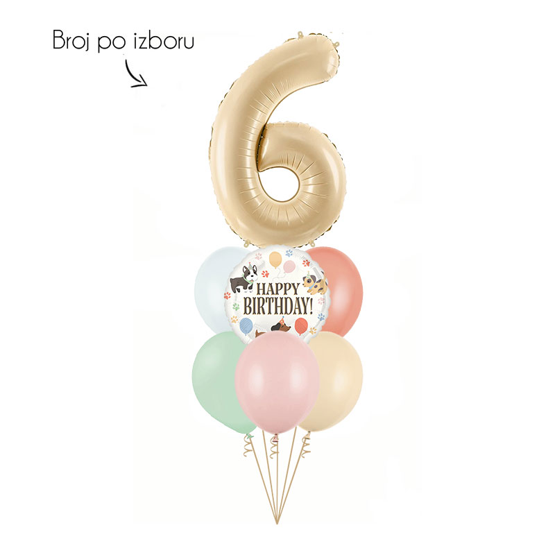 Zlatni satin broj 6 sa okruglim Happy Birthday balonom sa psićima i pastelnim gumenim balonima za dečiji rođendan
